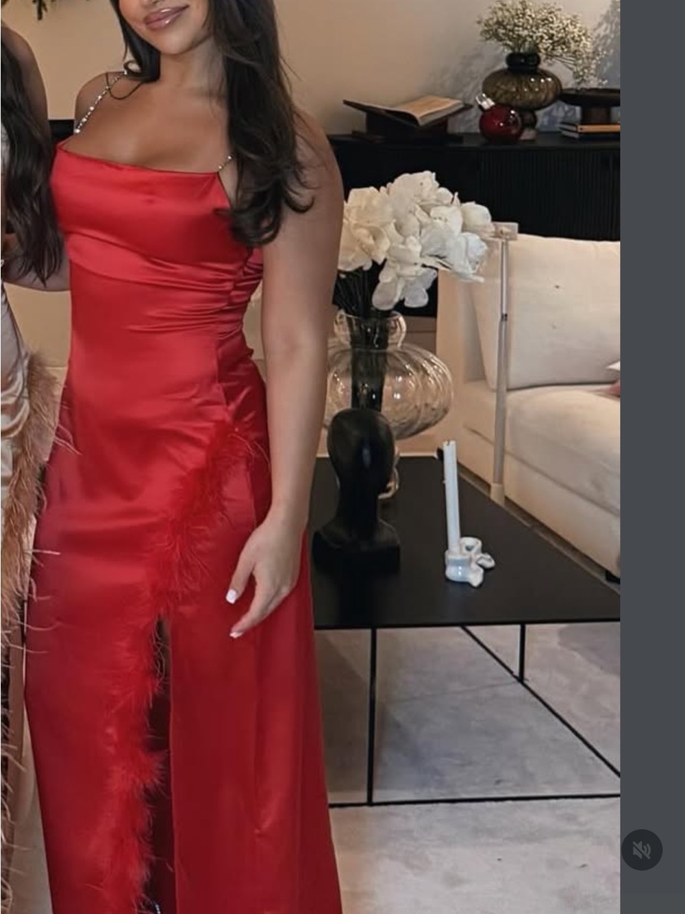 Red Satin Feather-Trim Slip Dress with Chain Straps